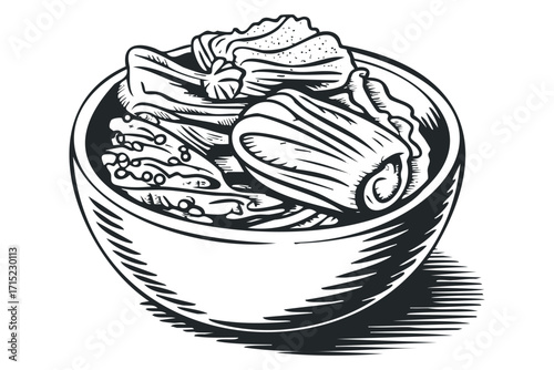 Line drawing of bowl filled with pastries on transparent background. Vector hand drawn