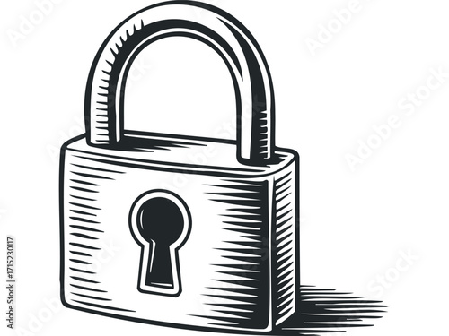 Vintage style padlock with keyhole isolated on white. Vector hand drawn