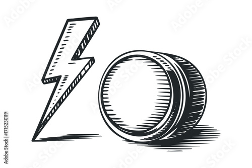 Pencil sketch of a lightning bolt and a tire tread on transparent background. Vector hand drawn