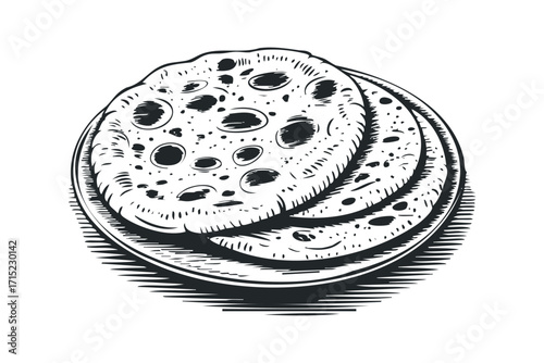 Piled flatbreads on a plate sketch. Vector hand drawn