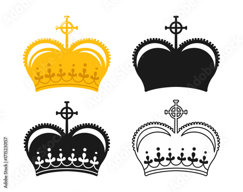 Crown royal symbol gold set. Ornate luxury elegance crown icon collection. Heraldry diverse for king or queen crowns designs elements art vector illustration isolated, symbolizing power, authority