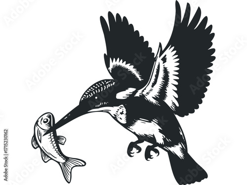 Kingfisher bird in flight with fish in beak. Vector hand drawn