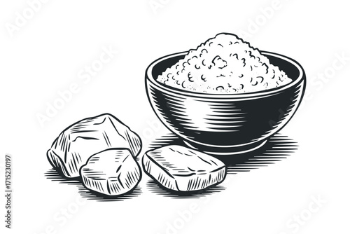 Monochromatic engraving of a bowl filled with granulated substance and several solid chunks. Vector hand drawn