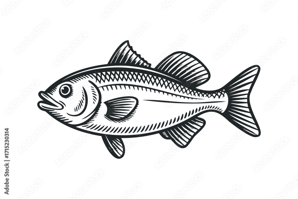 Fototapeta premium Line Drawing of a Single Fish on a Transparent Background. Vector hand drawn