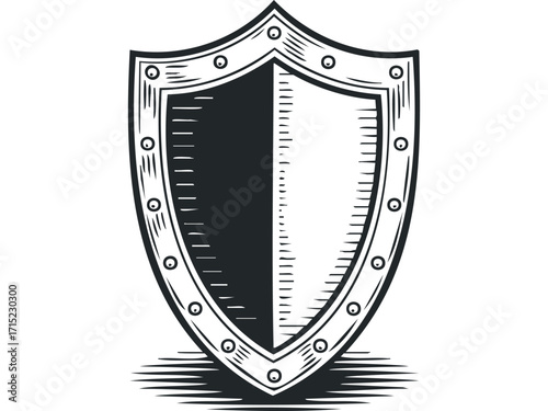 Medieval Shield emblem graphic with textured halves. Vector hand drawn