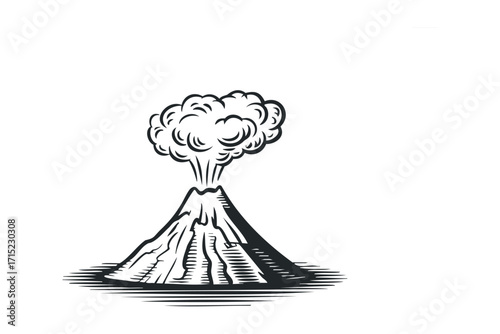 Erupting volcano with smoke plume. Vector hand drawn