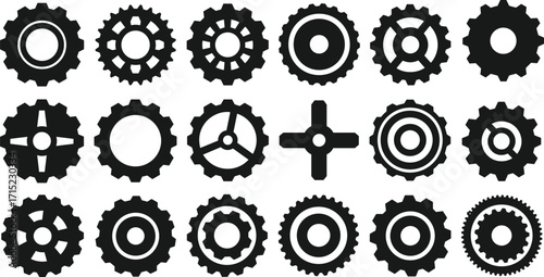 Black gear icons, mechanical engineering symbols, industrial cogwheels, machinery parts, technology design elements, vector illustration, settings concept, precision equipment graphics