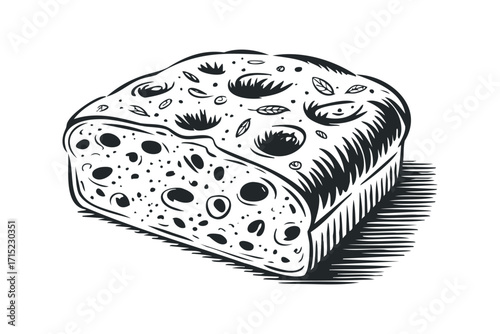 Textured loaf of bread with visible crumbs and seeds on a transparent background. Vector hand drawn