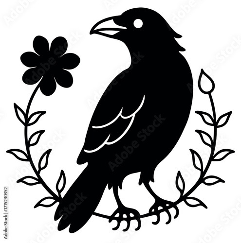 Dark raven bird with skull illustration