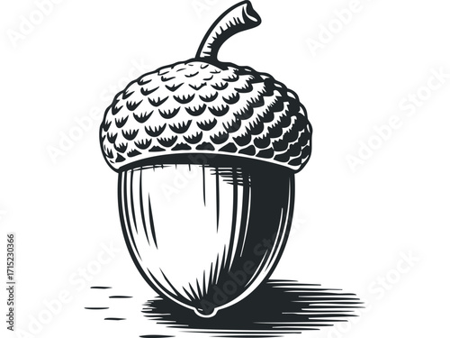 Oak nut with stem and cap on transparent background. Vector hand drawn