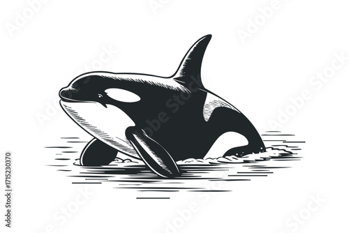 Orca whale breaching water, black and white graphic. Vector hand drawn