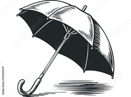 Open umbrella in vintage woodcut style on transparent background. Vector hand drawn