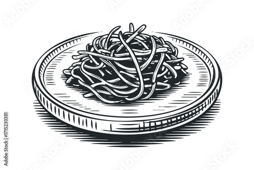 Sketch style depiction of noodles on a plate. Vector hand drawn