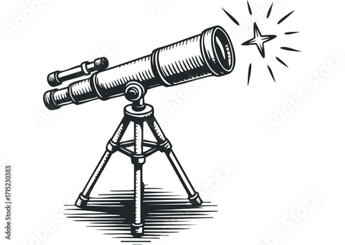 Telescope on tripod looking at star on transparent background. Vector hand drawn
