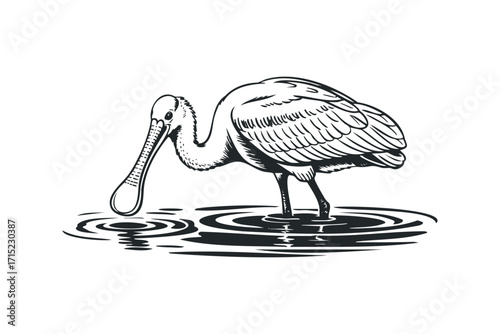 Spoonbill bird standing in water with long beak and ripples. Vector hand drawn