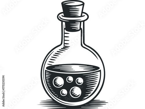 Flask with liquid and bubbles. Vector hand drawn
