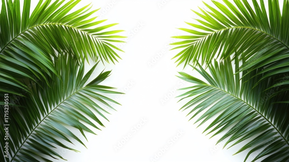 Naklejka premium Bright green palm leaves framing a white background with fresh and vibrant natural atmosphere