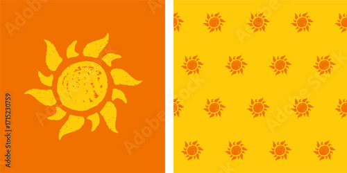 Sun icon grungy effect seamless pattern. Hand drawn paintbrush stroke sketch sun trendy boundless background. Textured endless summertime ornament vector lighting drawing wrapper backdrop template