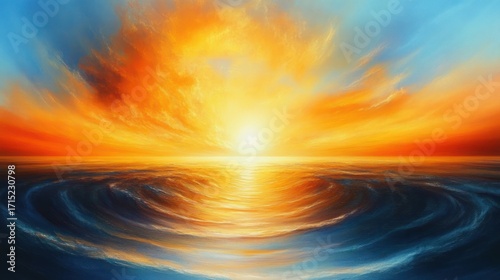 Vibrant sunrise or sunset over an ocean with swirling waves and dramatic orange, yellow, and blue sky creating a feeling of awe and tranquility