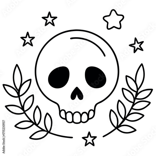 Skull with moon and stars celestial illustration