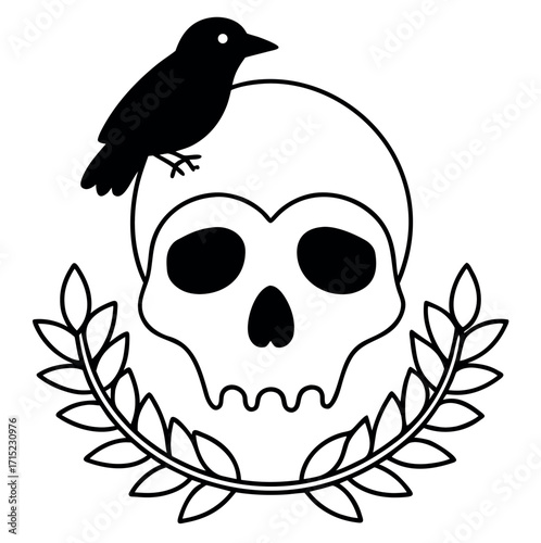 Skull with raven illustration dark gothic art