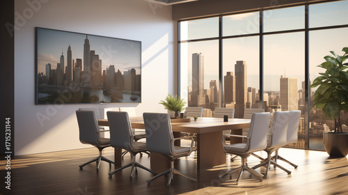 Elegant conference room overlooking city skyline, ideal for executive meetings and corporate presentations