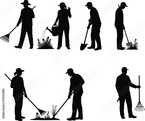 Black silhouette gardeners with rake, shovel, hoe, watering can, farming tools, outdoor work, agriculture, landscaping, horticulture, planting, cultivation, teamwork