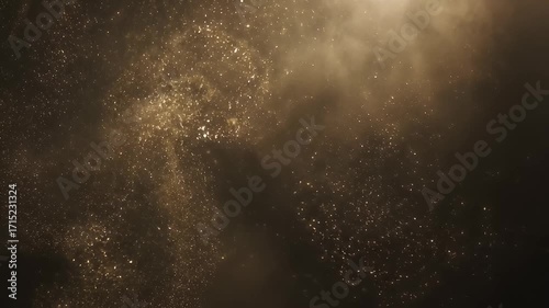 Golden Glitter Dust Particles Floating in Slow Motion with Soft Light Rays and Smoke