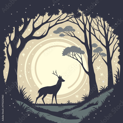 “Silhouette of a lone deer standing before a glowing circular portal in a forest clearing, trees merging into cosmic stars, blending nature with surreal dreamlike atmosphere.”