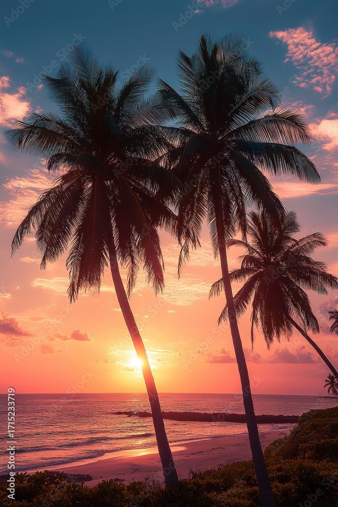 Fototapeta premium sunset over ocean beach with tall palm trees silhouetted against colorful sky and gentle clouds