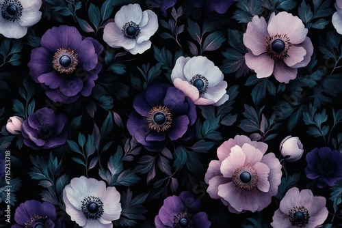 Close-up of dark and light purple flowers with detailed petals and dark foliage on a black background, creating a mysterious and elegant atmosphere
