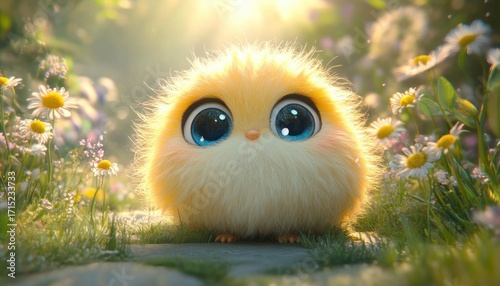 A fluffy round yellow creature with large blue eyes sitting among white daisies and green grass bathed in warm sunlight, evoking a sense of wonder and innocence