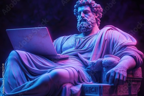 Classical statue of a bearded man seated on an ornate chair, holding a modern laptop, illuminated by vibrant blue and purple lighting, blending ancient and contemporary elements