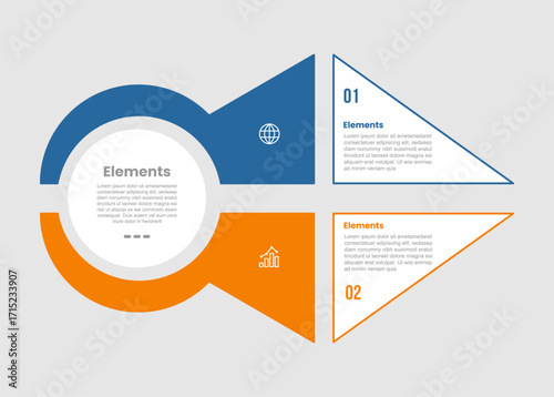 2 elements infographic comparison diagram with creative circle and triangle combination vertical opposite with 2 step for slide presentation