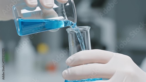 Close-up of scientist pouring blue liquid from beaker into laboratory flask, science experiment
