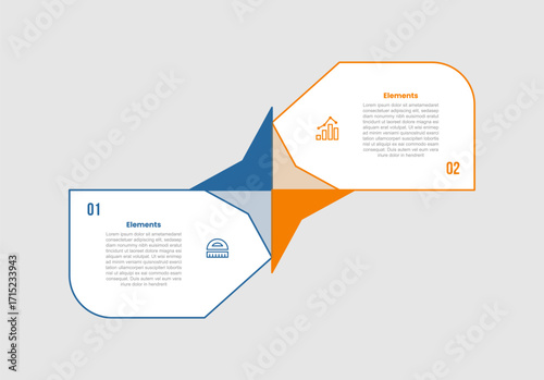 2 elements infographic comparison diagram with unbalance shape with star center up and down opposite with 2 step for slide presentation