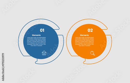 2 elements infographic comparison diagram with big circle and slice cut outline opposite with 2 step for slide presentation