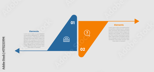 2 elements infographic comparison diagram with round triangle shape opposite direction with long arrow line with 2 step for slide presentation