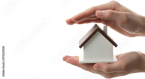 Hands protect a miniature house with brown roof representing home safety and real estate investment on transparent background