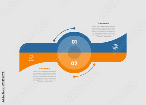 2 elements infographic comparison diagram with big circle center with wave flag on opposite direction with 2 step for slide presentation