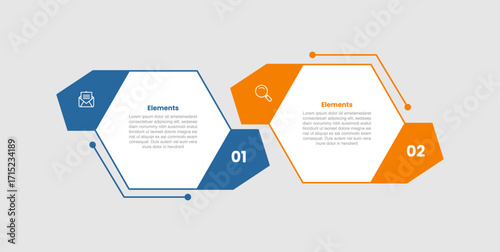 2 elements infographic comparison diagram with hexagon shape with badge side on opposite comparison with 2 step for slide presentation