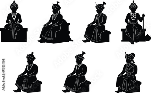 Ancient Indian Mughal king silhouette illustration, royal rulers seated on throne, traditional attire with turban and jewelry, historical culture artwork design