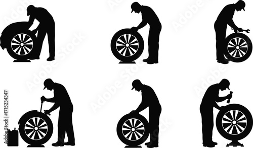 Auto mechanic silhouette fixing car tire, professional worker with tools, wheel repair service, automotive technician, tire maintenance, garage workshop, transportation repair.