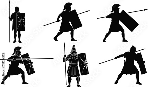 Ancient Roman soldier silhouette illustration, legionary warrior with shield and spear, historical army vector, battle stance, military heritage, gladiator icon