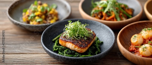 Seared salmon on wilted greens with microgreens, accompanied by scallops and colorful vegetable sides, plated in rustic bowls on a wooden table.