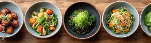 A row of ceramic bowls on a wooden table filled with vibrant salads, noodles, greens, and glazed meatballs, garnished with herbs and seeds.