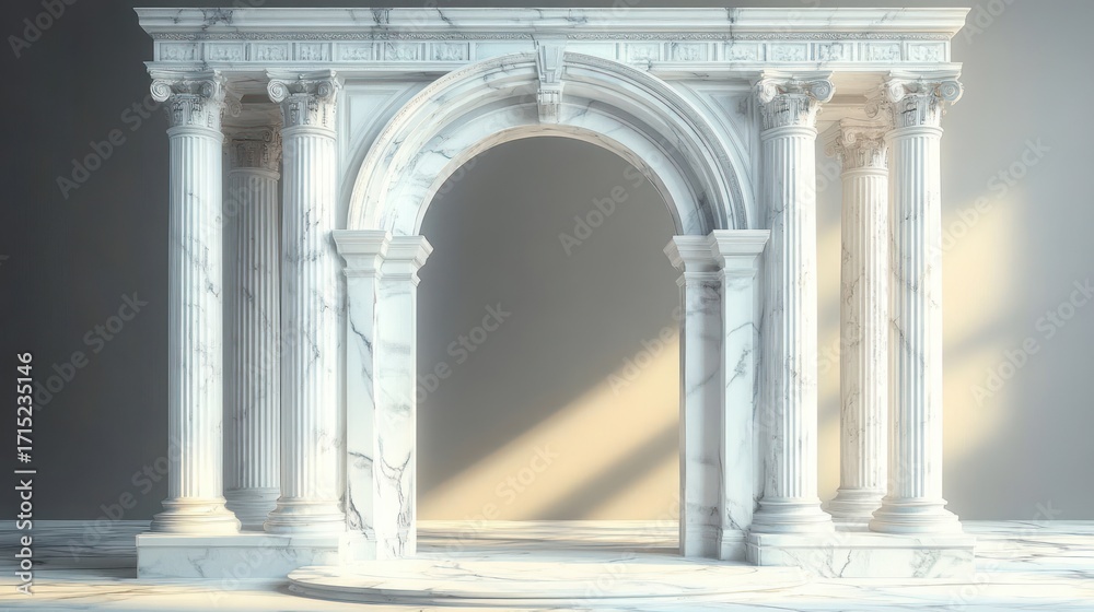 Naklejka premium Large classical marble arch with fluted columns and intricate carvings illuminated by soft natural light