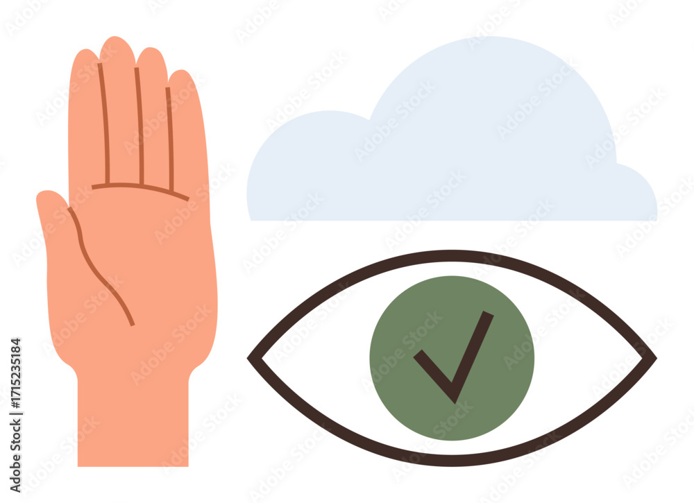 Obraz premium Hand raising for stopping or signaling, eye with checkmark for validation, and cloud for clarity. Ideal for communication, approval, safety, clarity, validation guidance decision-making. Simple