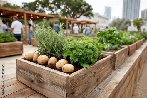 Wooden raised beds in an urban community garden grow rosemary, parsley, and potatoes, with people and city buildings in the background.