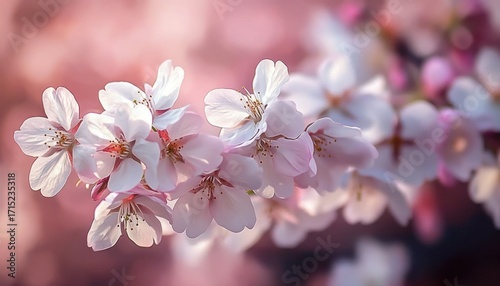 Close-up of delicate light pink cherry blossoms in bloom with soft focus pastel background conveying beauty and calmness